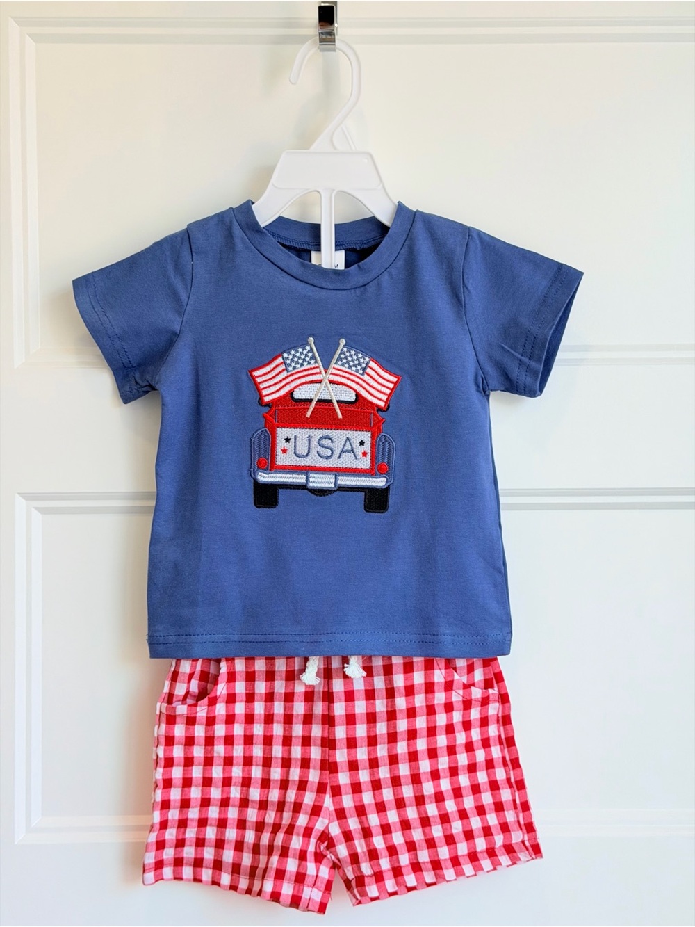 Navy USA Truck Tee with Red Gingham Shorts Set